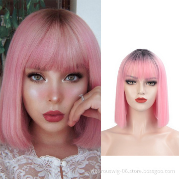 Vigorous Short Bob Wigs with Bangs Synthetic Straight Bob Wig with Dark Roots Ombre Pink Cosplay Wig For Women Party Wear